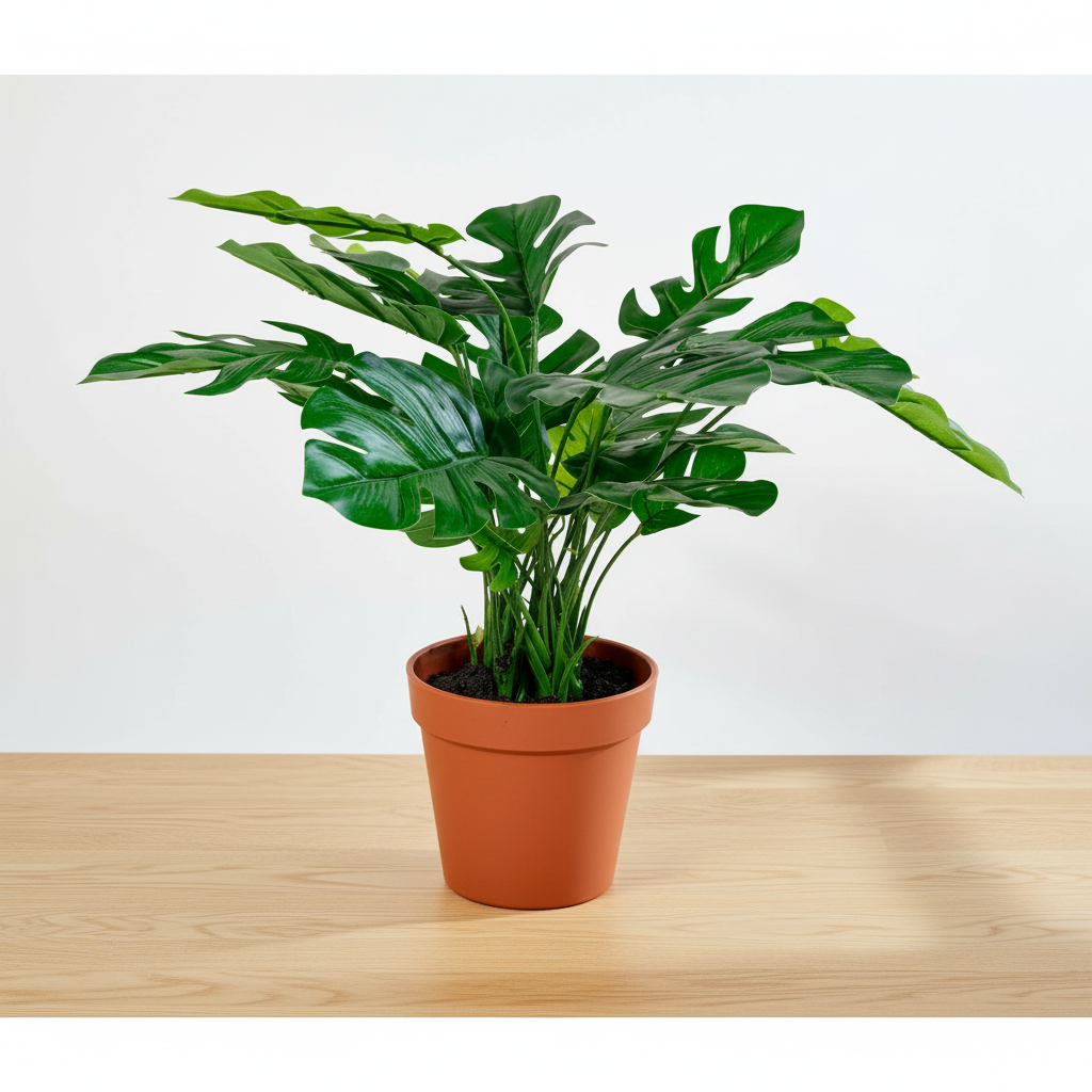 Compact realistic artificial Monstera plant on oak surface with soft daylight and clean off-white background