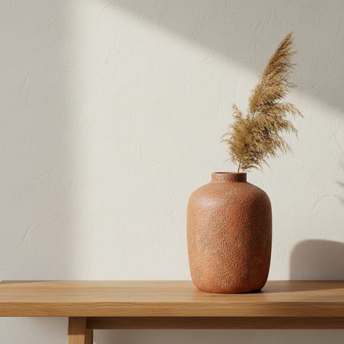 Clay Echo Terracotta Vase L op eiken console met pampas gras