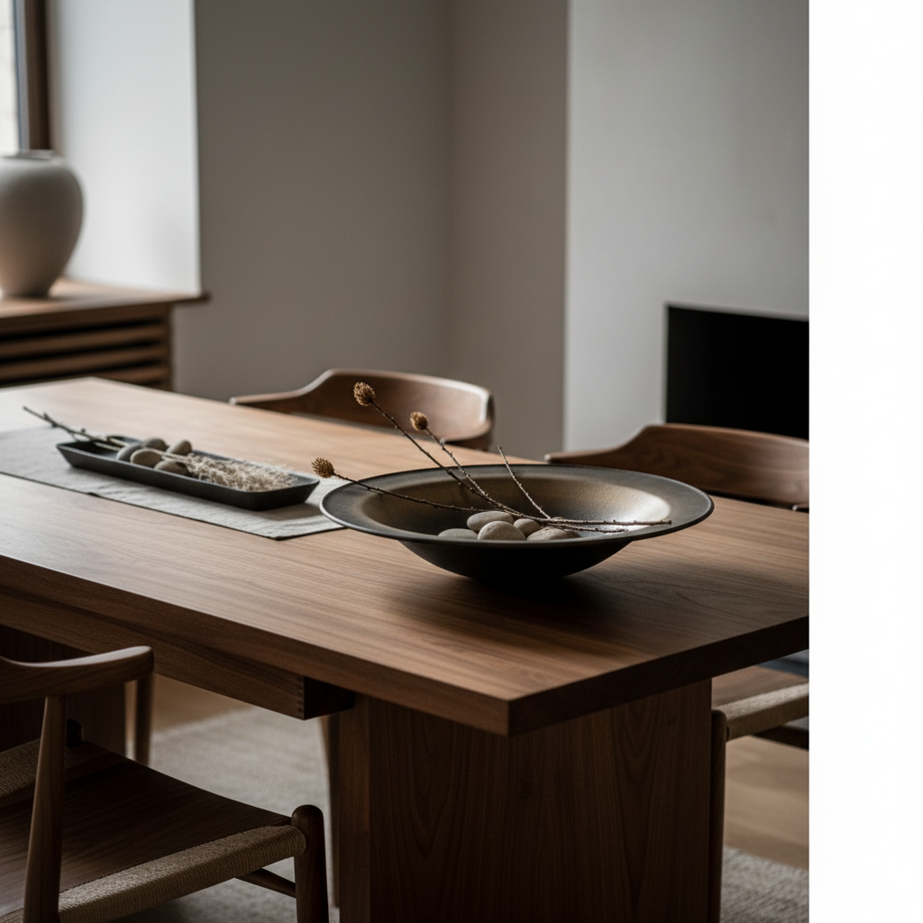 ULFUR ceramic flat bowl as centrepiece on a dining table in a warm moody Nordic interior with dried stems inside