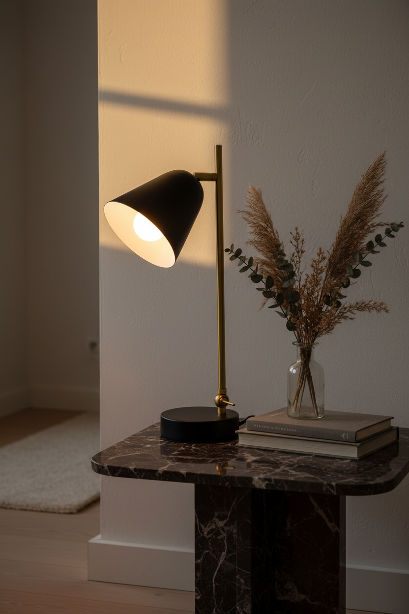 Triton black and brass table lamp on dark marble side table with books and botanicals