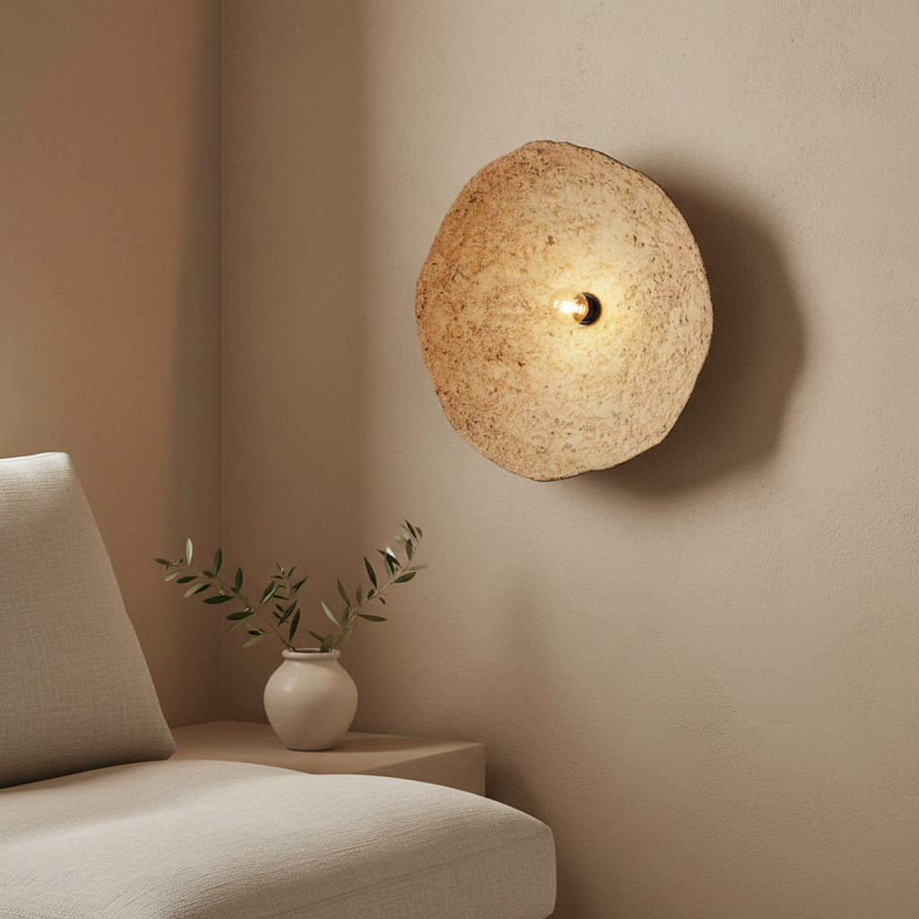 Sahara Glow Mud Wall Lamp M in loungehoek naast linnen stoel