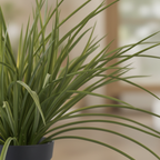 Close-up of artificial grass blades in lush green with soft warm backlight