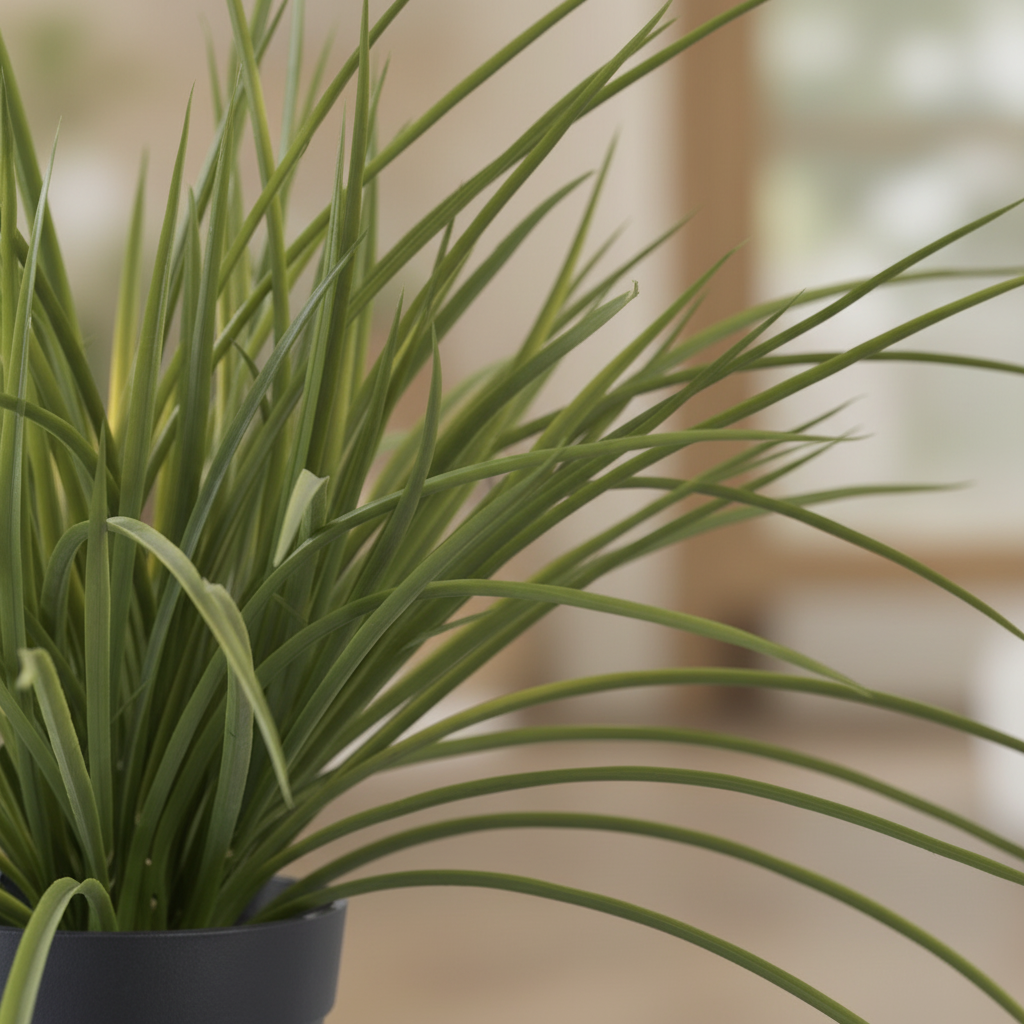 Close-up of artificial grass blades in lush green with soft warm backlight