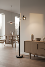 Fumoso floor lamp in modern dining room corner with wooden sideboard
