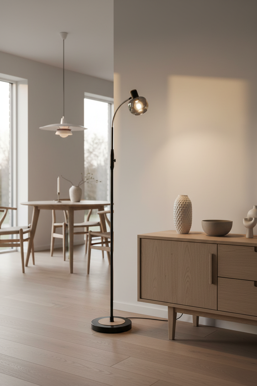 Fumoso floor lamp in modern dining room corner with wooden sideboard