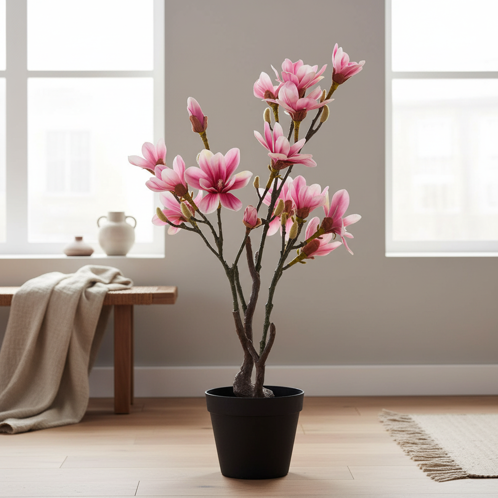 Tall slender realistic artificial magnolia tree in a calm Nordic bedroom with linen and warm neutral tones