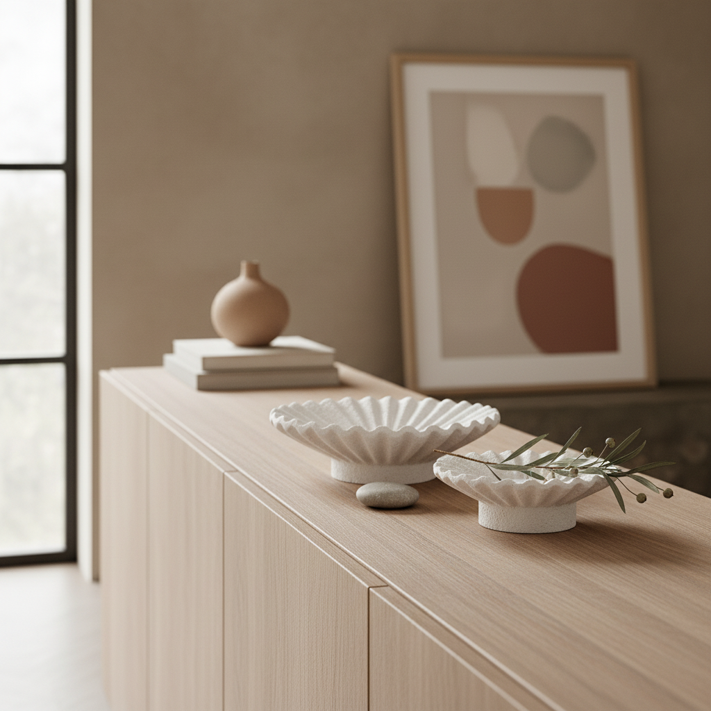 Set of two white cement candle holders on a sideboard in a Nordic interior with pebbles and dried botanicals