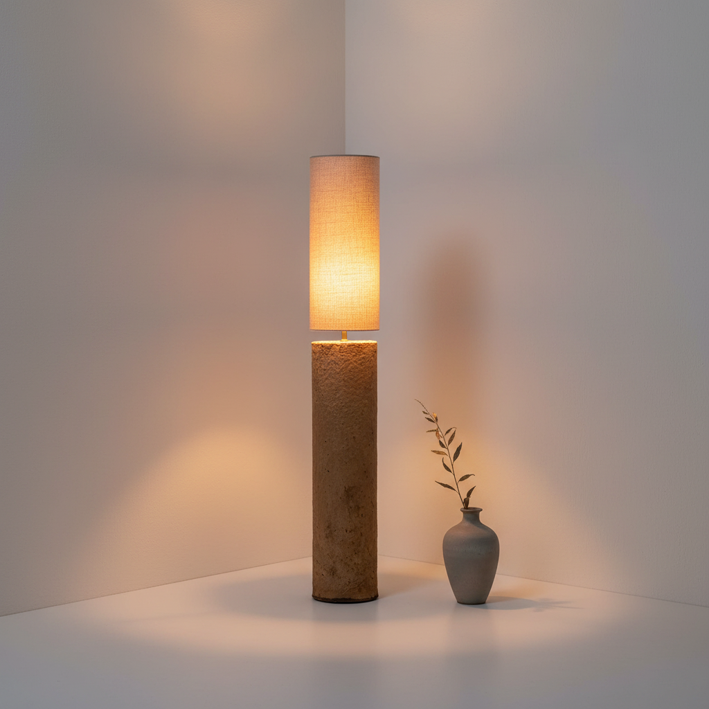 Totem Mud Floor Lamp staand in hoek tussen witte pleistermuren
