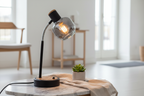 Fumoso black gooseneck lamp on marble side table with plant and linen cloth