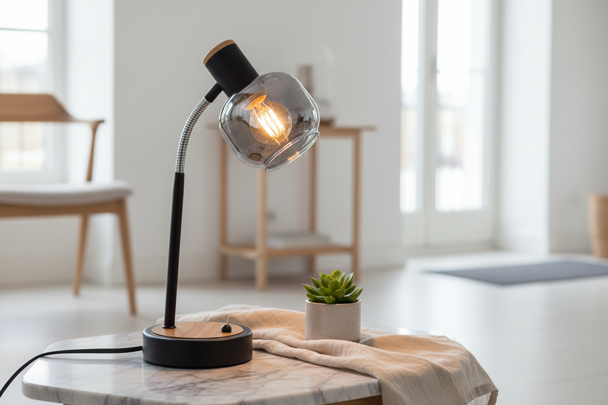Fumoso black gooseneck lamp on marble side table with plant and linen cloth