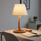 Touw rope lamp on home office desk corner with open notebook and pen