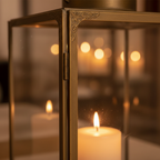 Close-up of Mohali lantern antique brass frame detailing and glass panel with warm candlelight glow