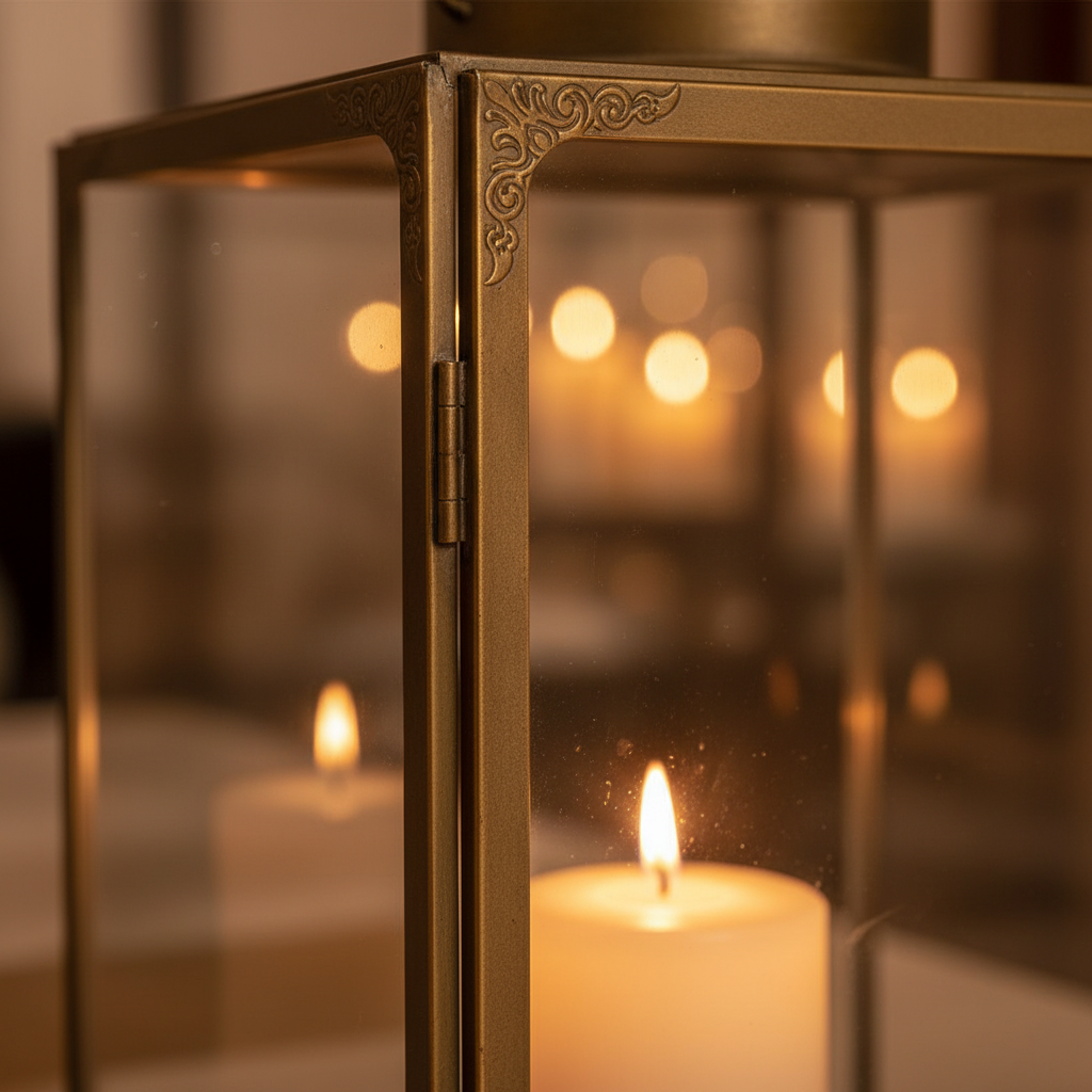 Close-up of Mohali lantern antique brass frame detailing and glass panel with warm candlelight glow