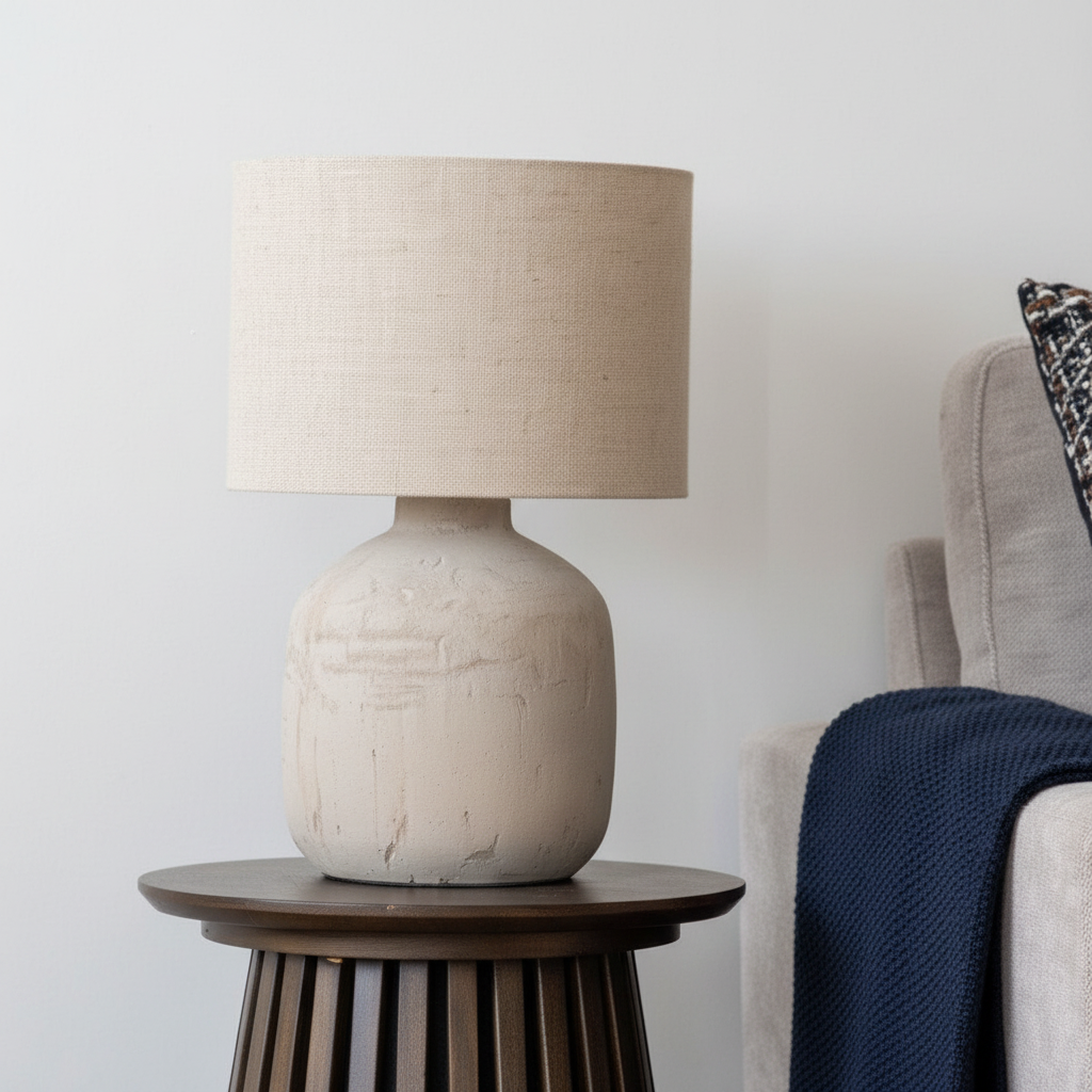 Close-up of Solea matte beige ceramic lamp base with linen drum shade and warm light