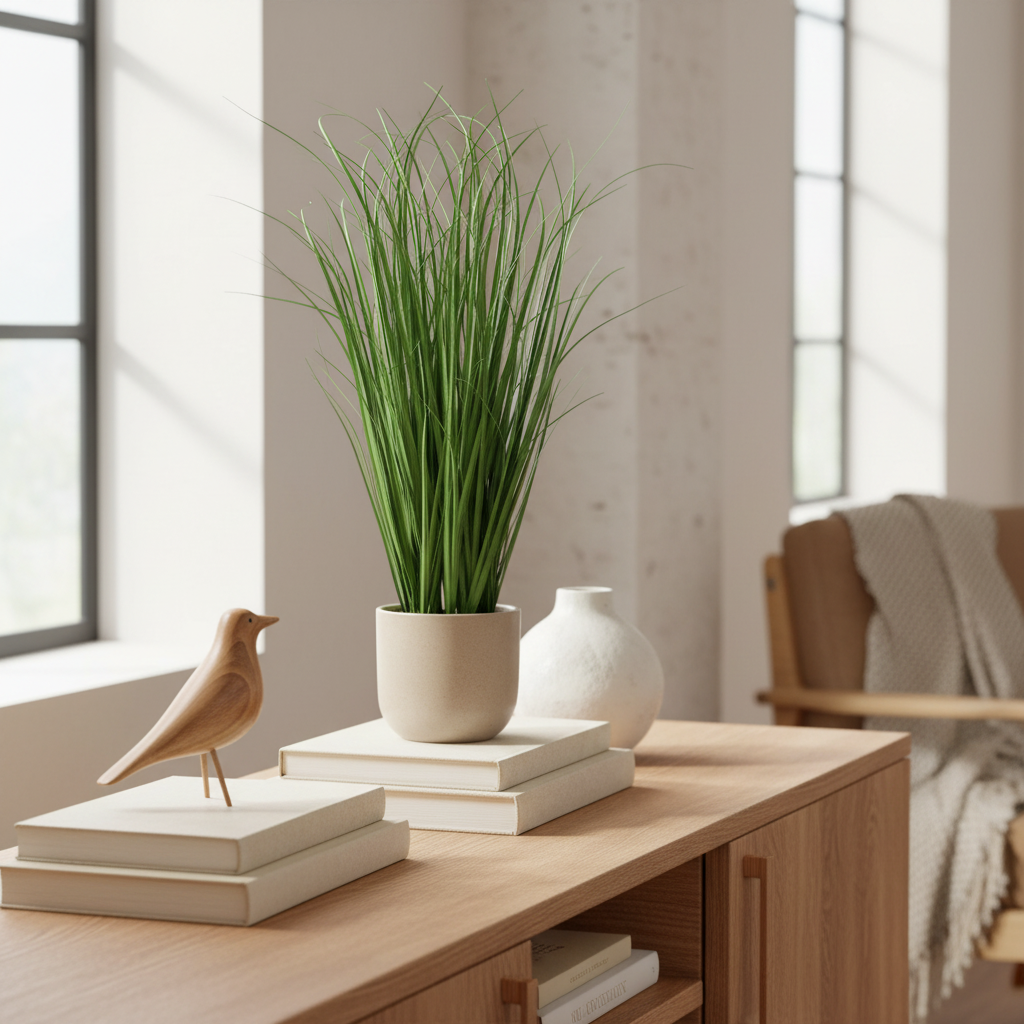 Small artificial poa grass plant grouped with decorative objects on a sideboard in a warm Nordic interior