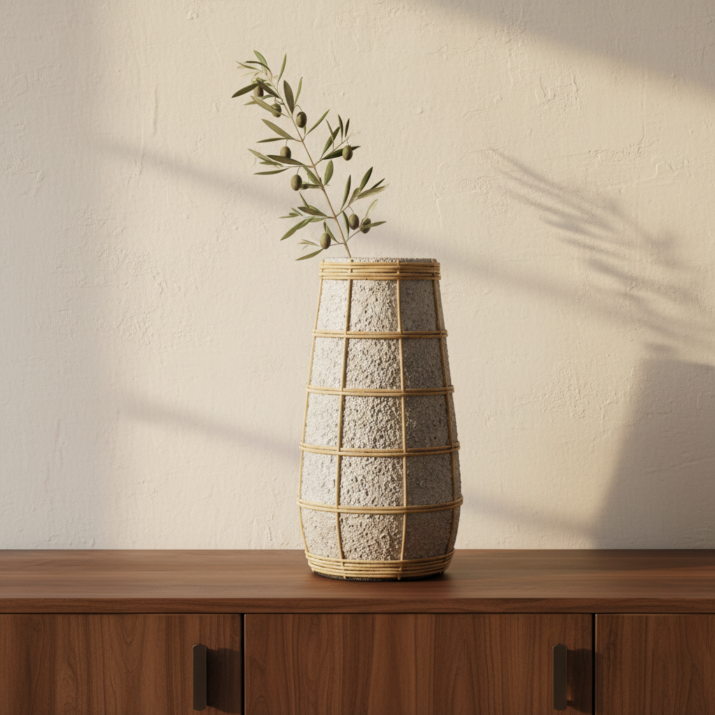 The Cutie Concrete Rattan Vase L op walnoot dressoir met olijftak