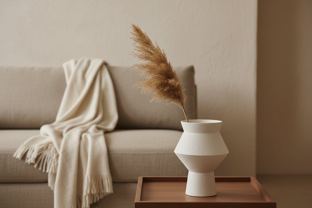 White speckled ceramic vase on a walnut side table in a warm minimal living room