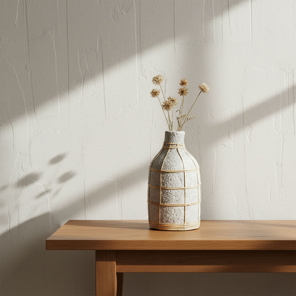 Whoopy Concrete Rattan Vase L op eiken console met droogbloemen