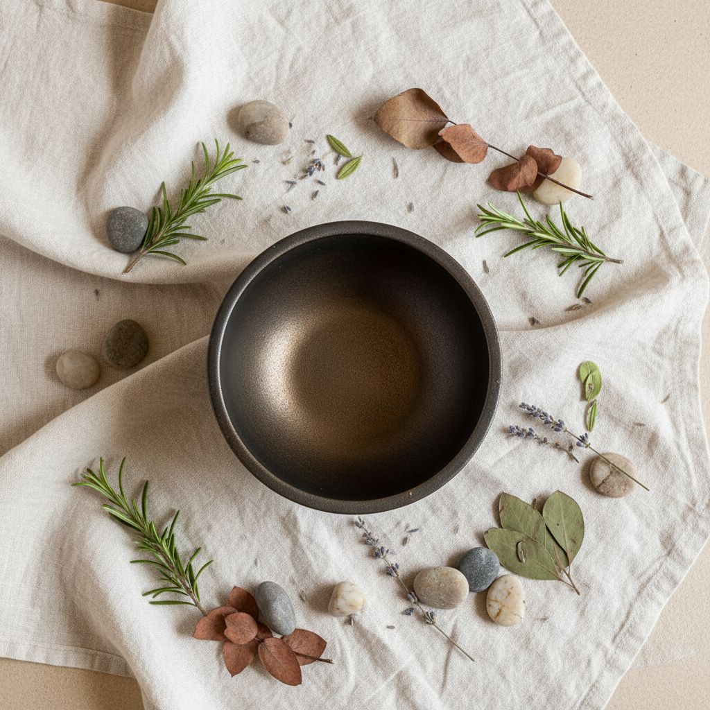 Top-down flat lay of Otaru ceramic bowl with linen cloth, pebbles and dried herbs on warm neutral background