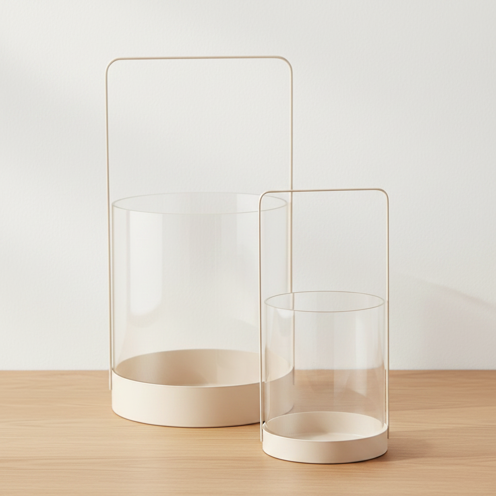 Set of two beige glass and metal hurricane candle holders on oak surface with soft daylight and clean off-white background