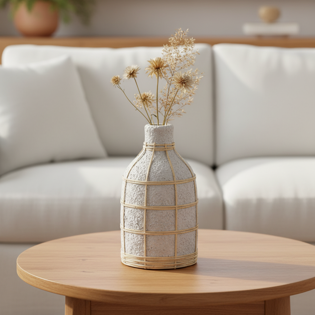 Whoopy Concrete Rattan Vase L op teak salontafel met droogbloemen