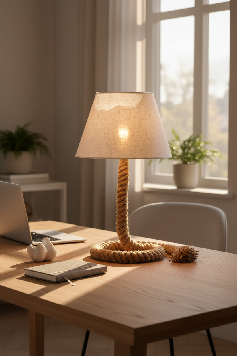 Touw rope table lamp on oak home office desk with laptop and linen notebook