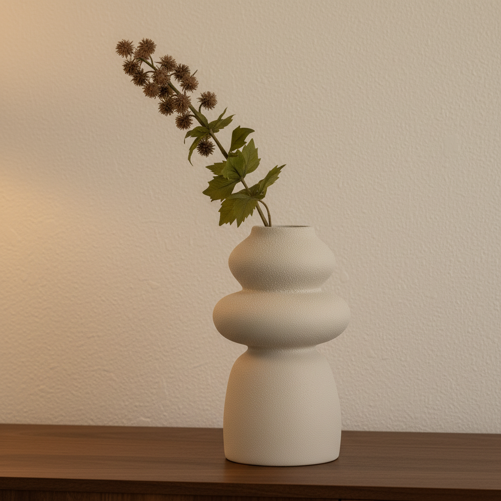 Segura beige stoneware sculptural vase close-up on walnut sideboard, eucalyptus stem