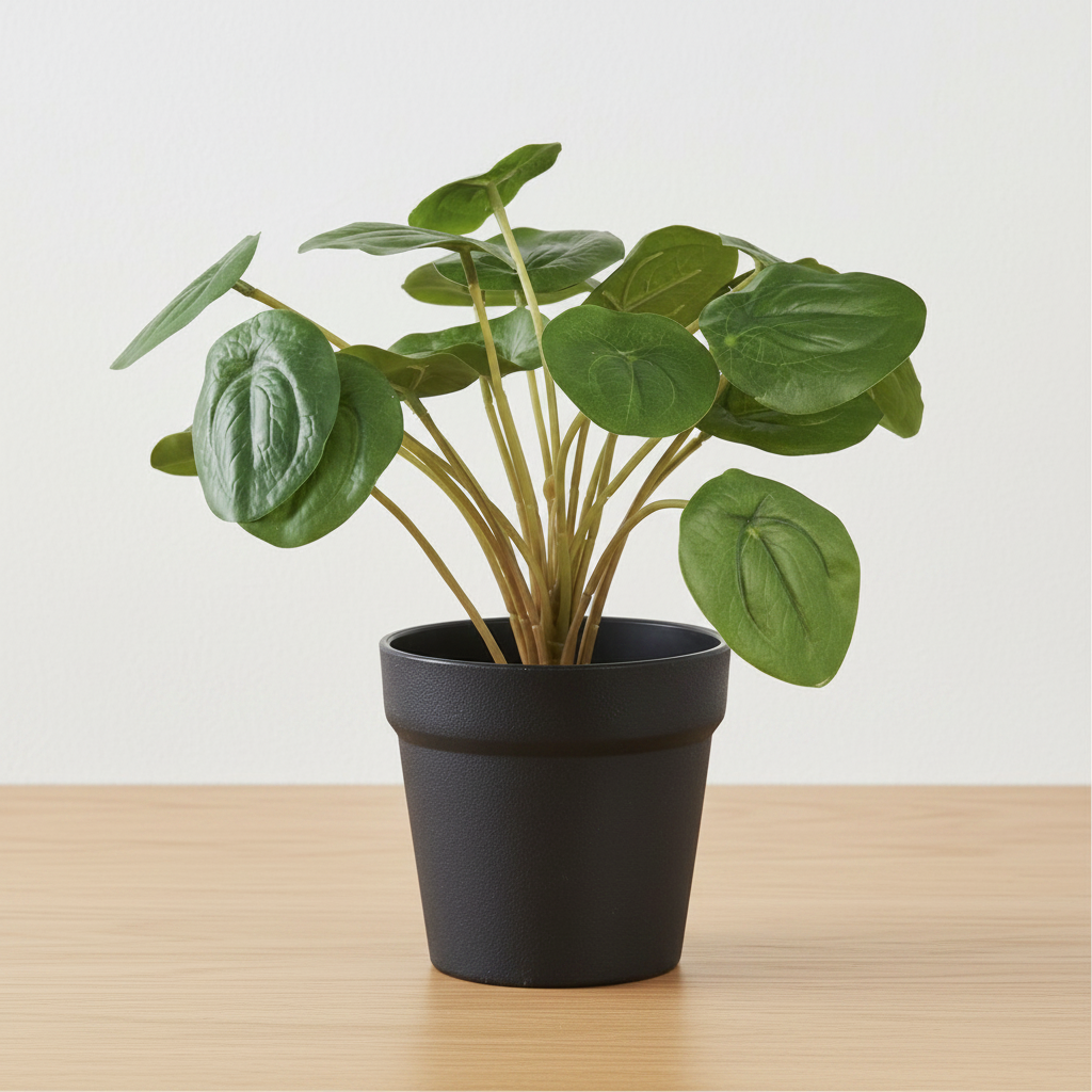 Compact realistic artificial Pilea plant on oak surface with soft daylight and clean off-white background