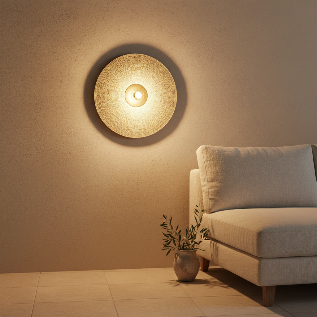 Let's Groove Woven Grass Wall Lamp in loungehoek naast linnen stoel