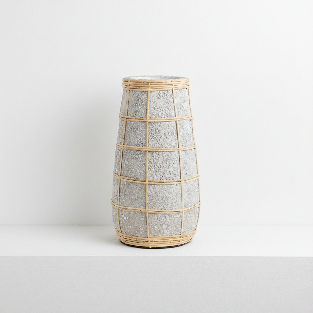 The Cutie Concrete Rattan Vase L op witte plank, leeg
