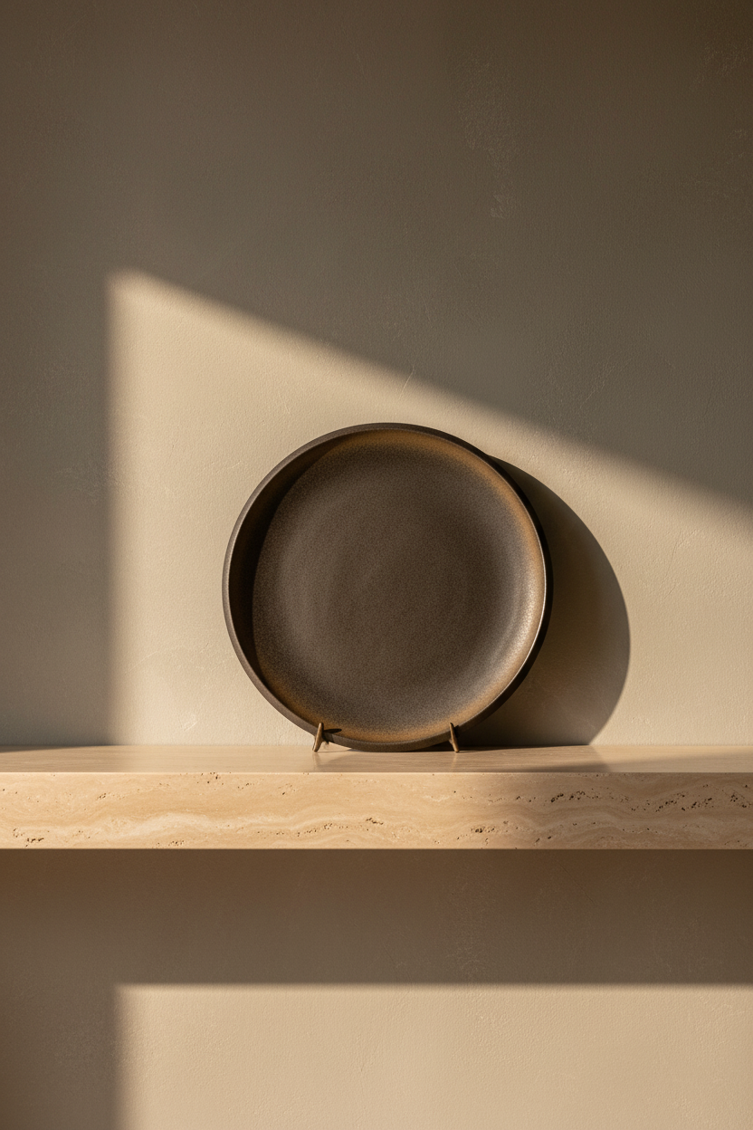 Bronze-to-black ceramic decorative plate leaning on a travertine console against a warm limewash wall