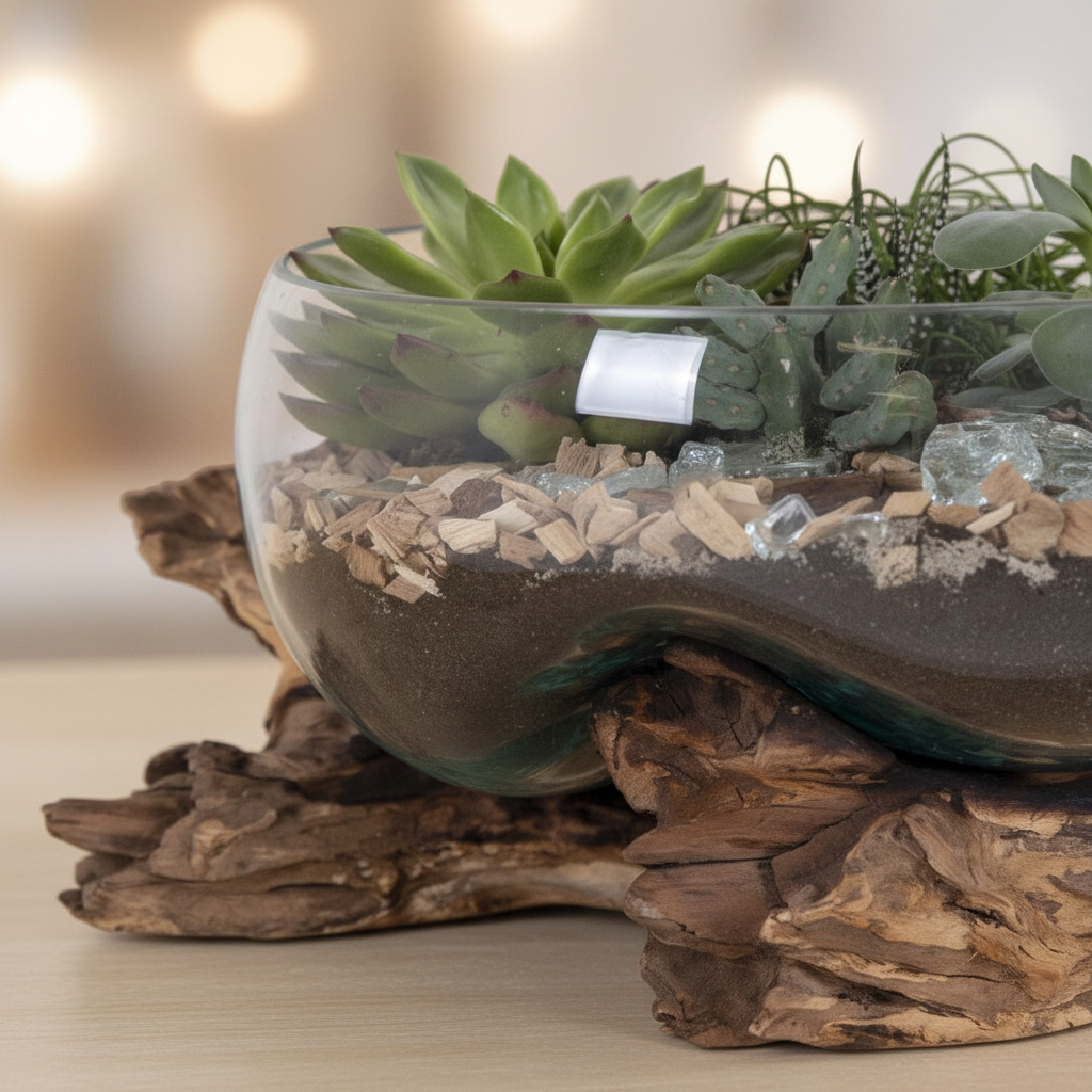 Close-up of San Marino Waterdrop glass and teak wood texture, warm ambient light
