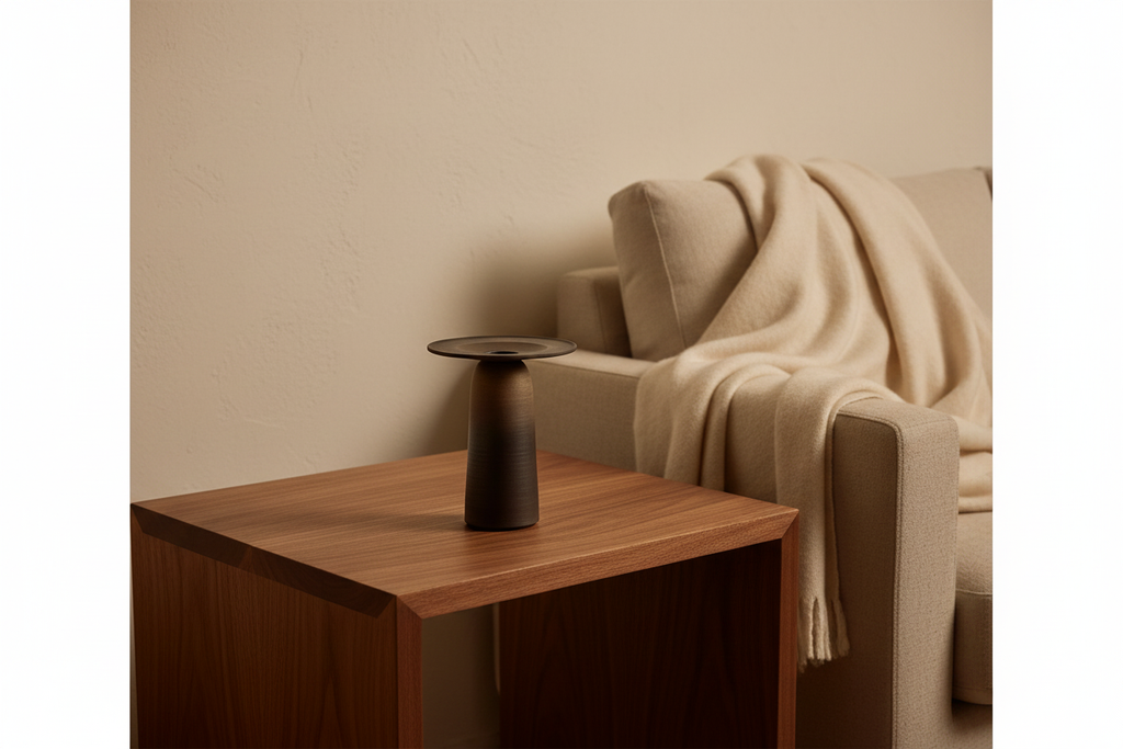 Bronze-to-black architectural ceramic vase on a walnut side table in a warm minimal living room