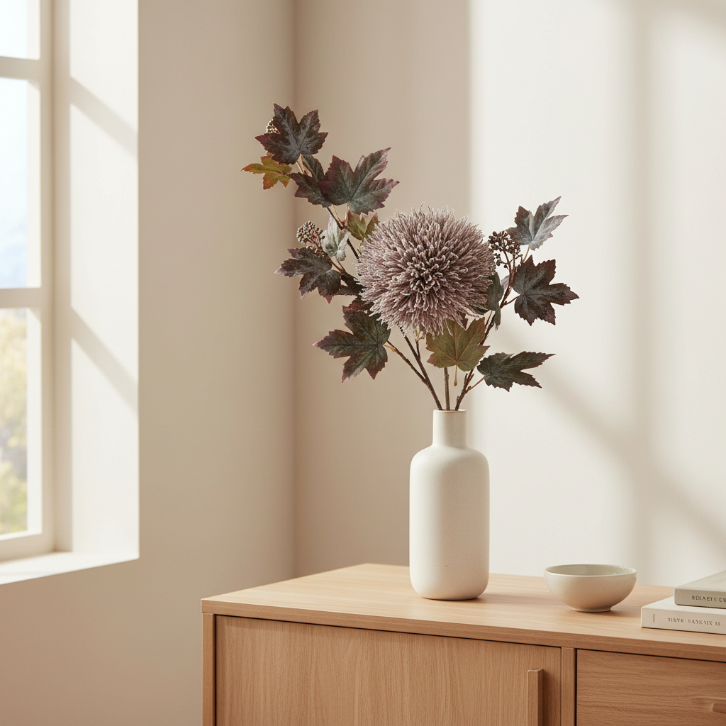 Faux natural bouquet in tall ceramic vase on a Nordic sideboard with soft natural light