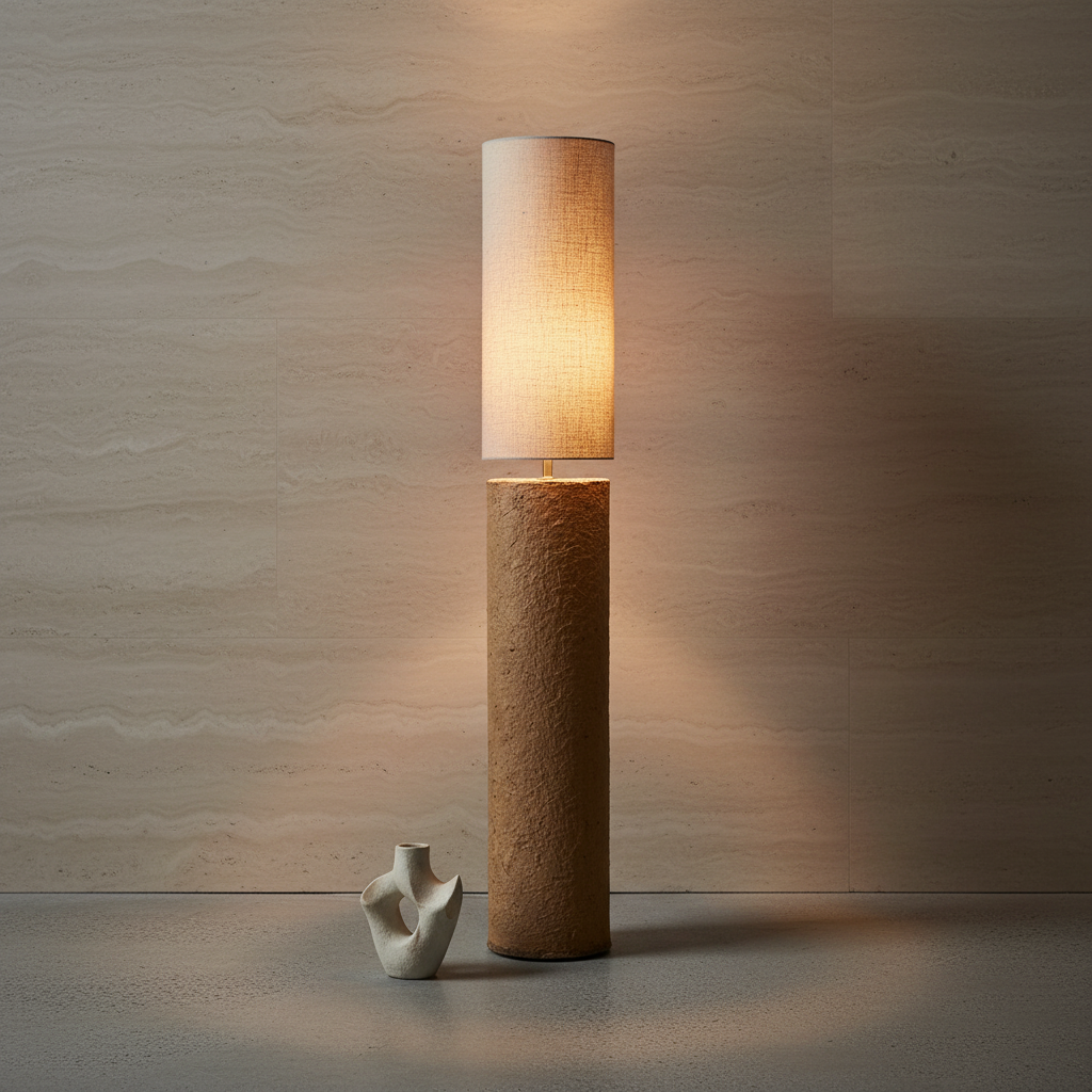 Totem Mud Floor Lamp staand op betonvloer tegen travertijn muur