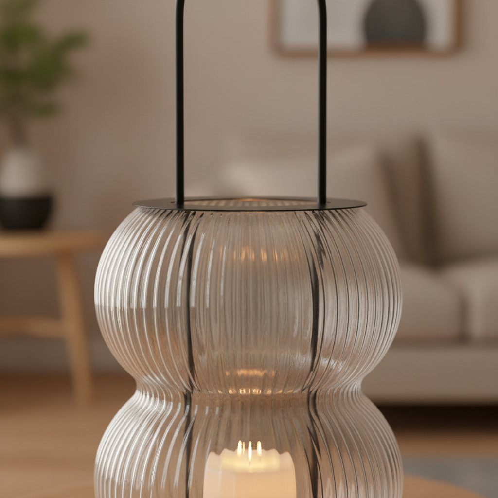 Close-up of Lucena lantern ribbed glass texture and black metal frame with warm candlelight glow
