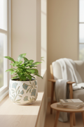 Bloom ceramic flower pot with blue botanical motifs on windowsill with green plant