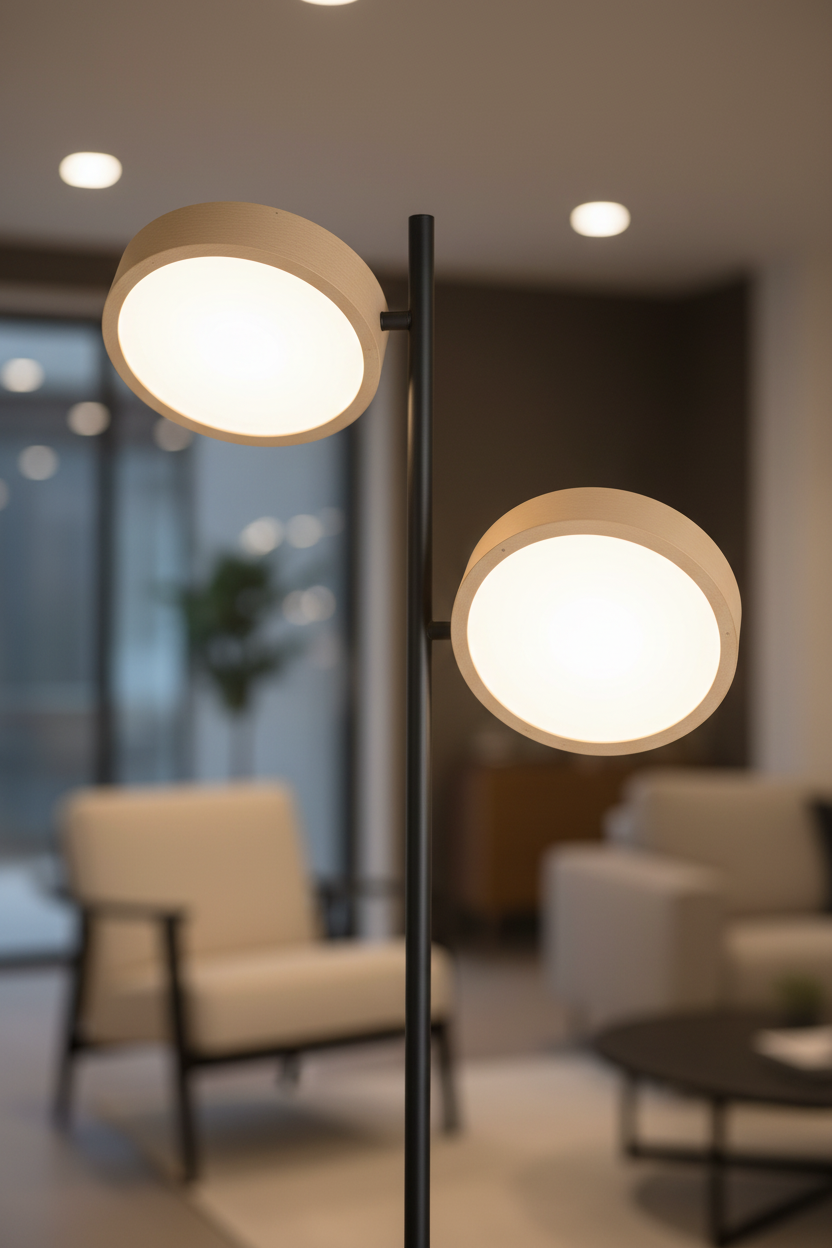 Close-up of Tessa two round almond disc LED shades on slim black pole