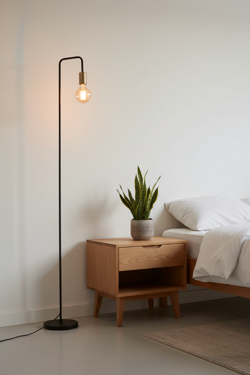 Modo floor lamp in bedroom corner beside nightstand with warm filament glow