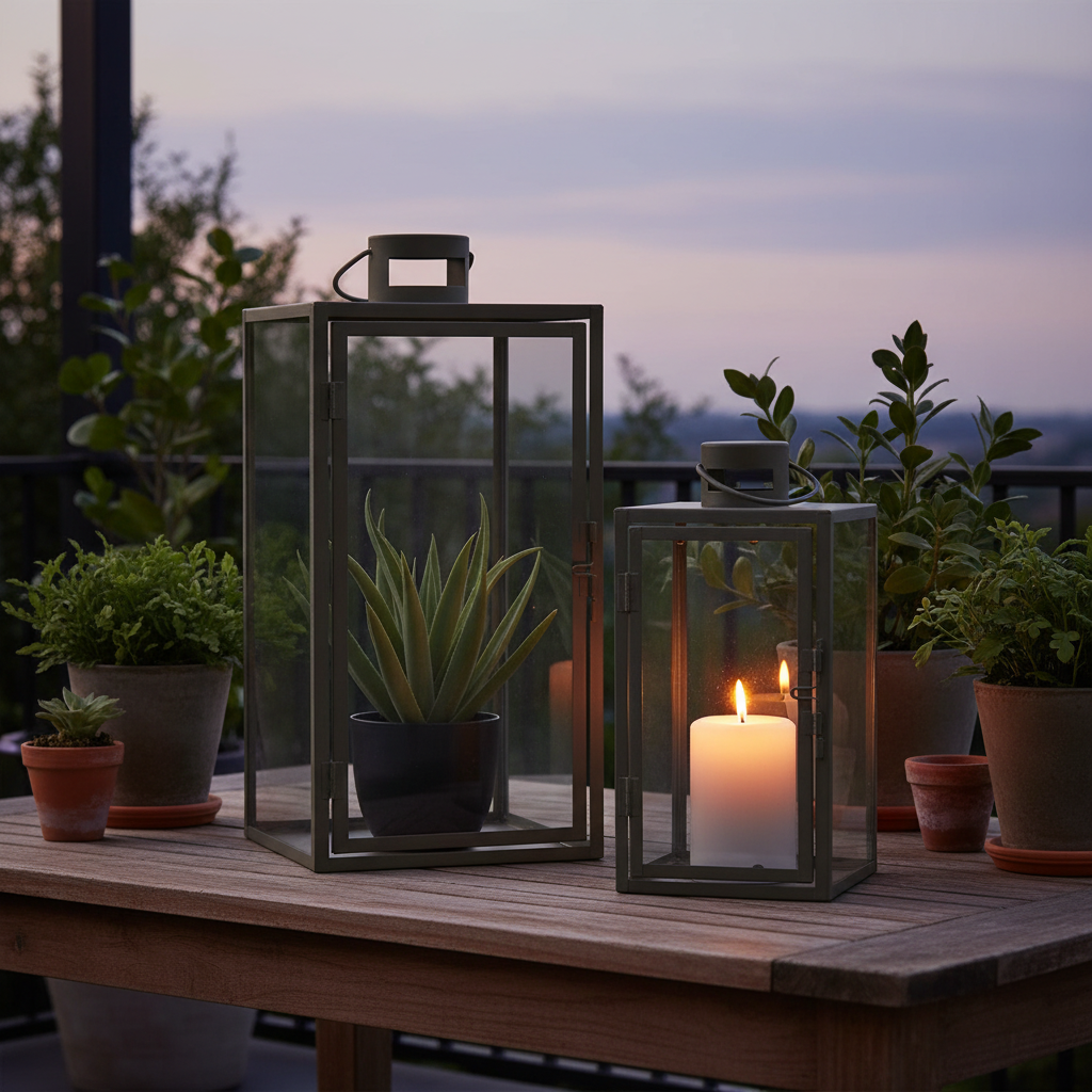 Set of two Corfu green steel glass lanterns on a sheltered terrace at dusk with warm candlelight and potted plants