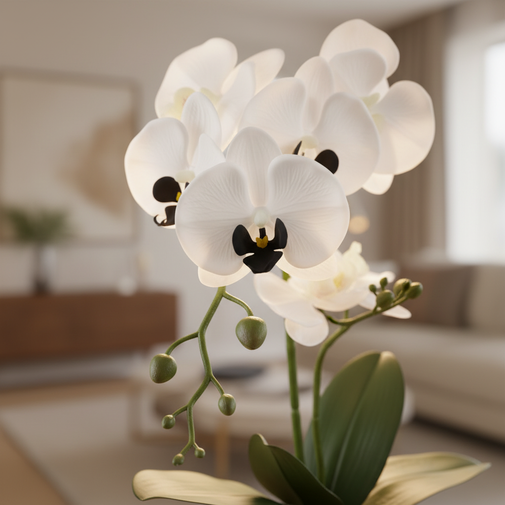 Close-up of artificial white orchid flowers with black centre and green leaves with soft warm backlight