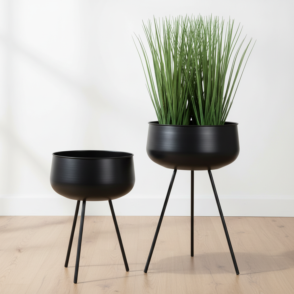 Set of two black steel Ardola plant pots on tripod legs empty on oak floor with soft daylight and clean background