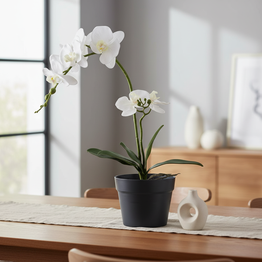 Realistic artificial white orchid plant on a dining table in a warm Nordic interior with linen runner
