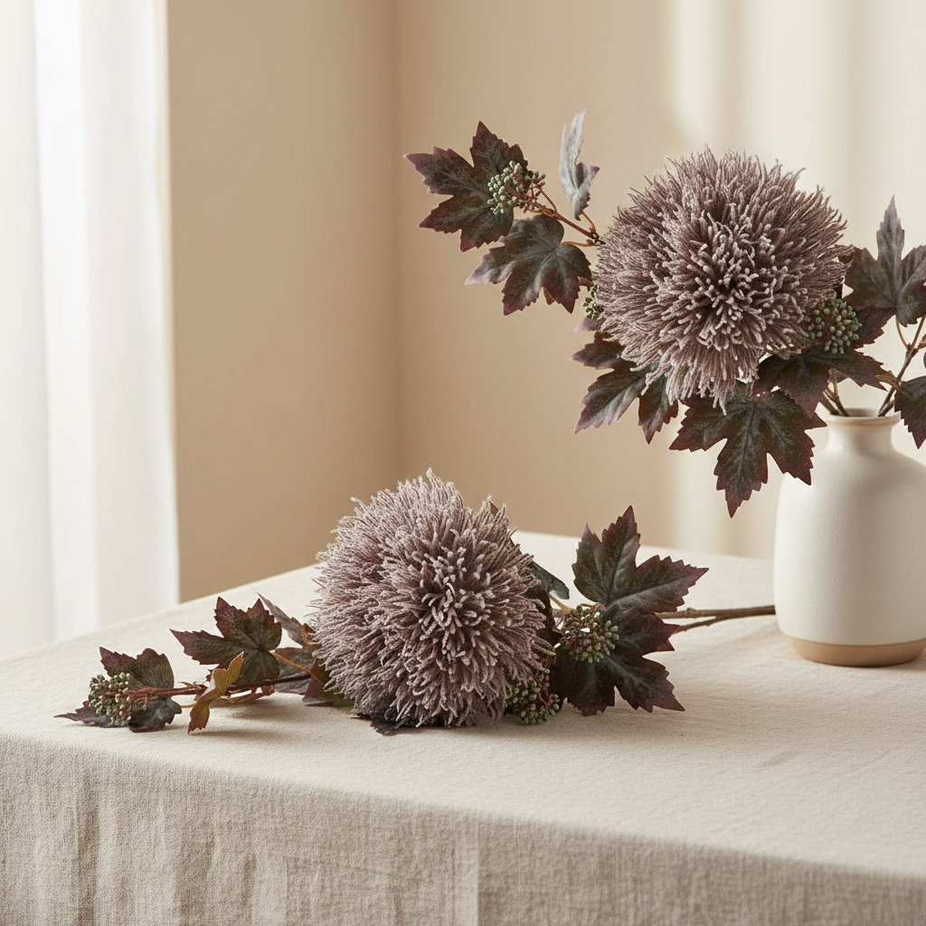 Faux natural bouquet loosely arranged on linen surface with warm neutral background and soft natural light