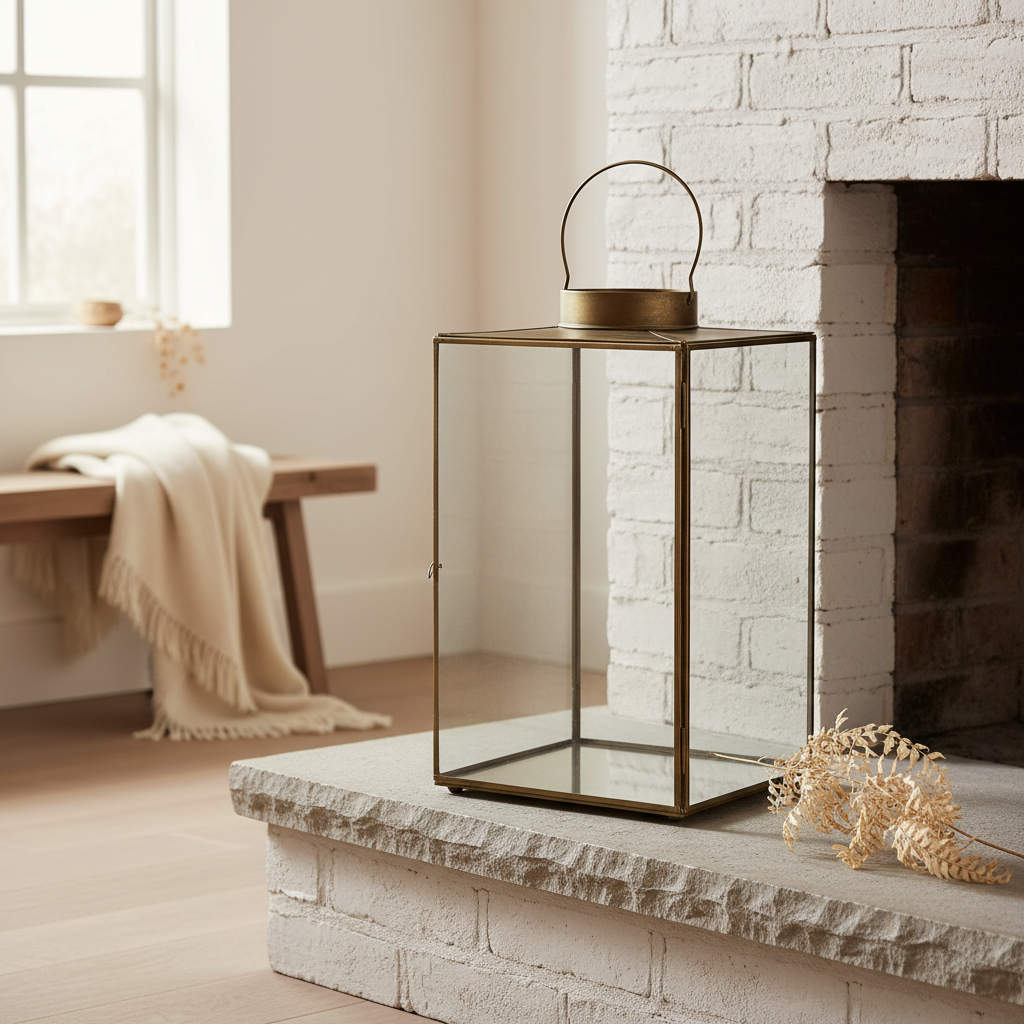 Mohali large antique brass glass lantern beside a fireplace in a warm Nordic interior with dried botanical styling