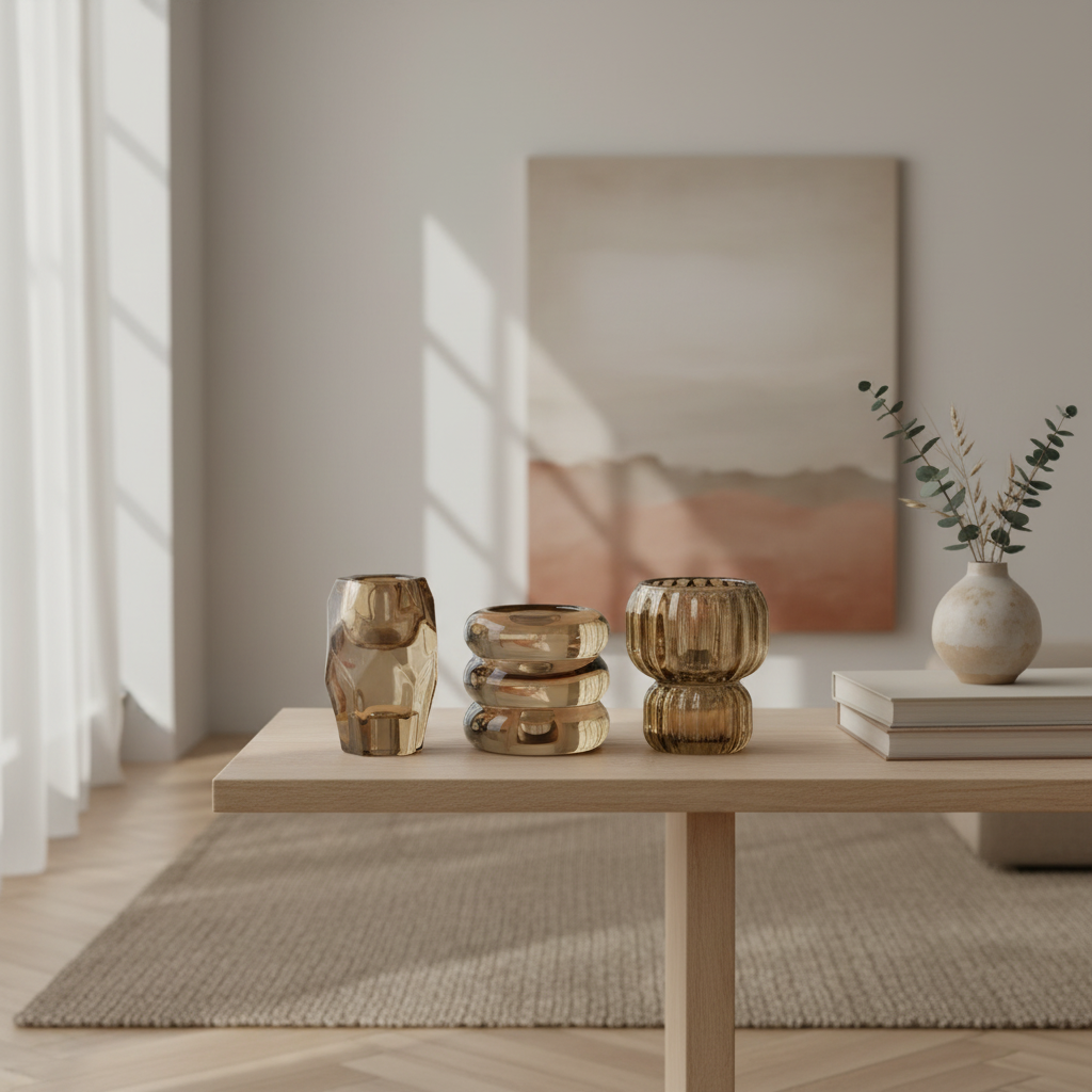 Set of three smoked brown glass candle holders on a sideboard in a Nordic interior with dried botanical styling