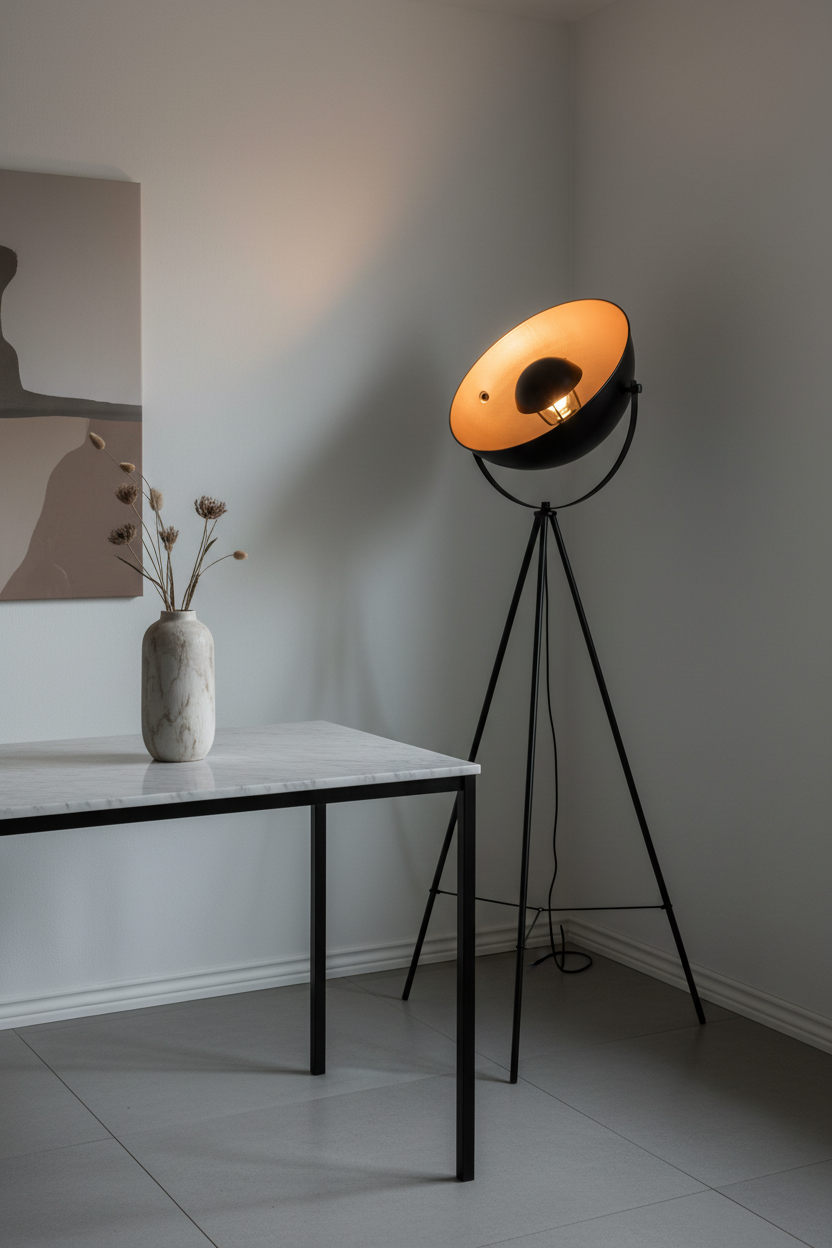 Bernice black tripod floor lamp in minimalist dining room corner