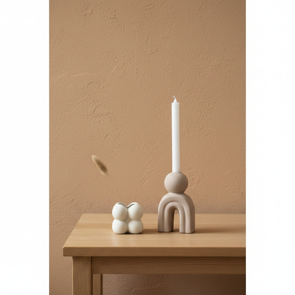 Bello stoneware candle holder on oak side table, limewash wall