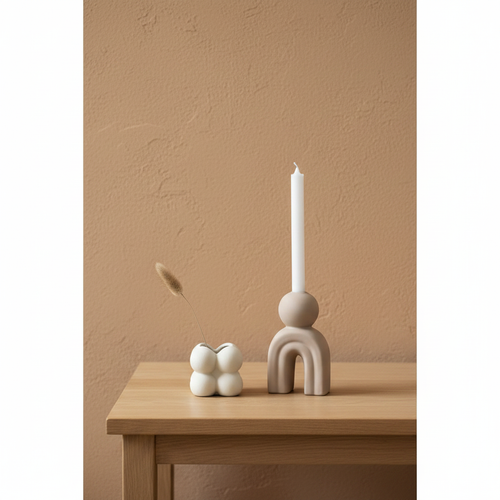 Bello stoneware candle holder on oak side table, limewash wall