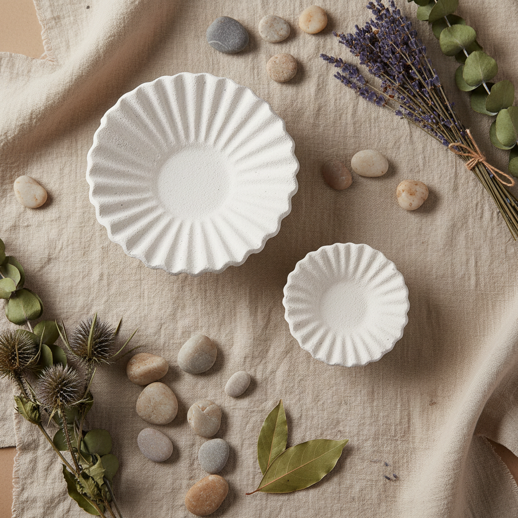 Flat lay of two white cement candle holders with linen cloth, pebbles and dried herbs on neutral background